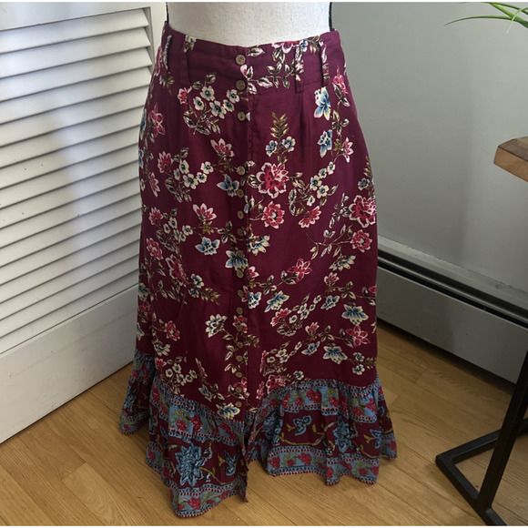 SUNDANCE Skirt Womens XS Burgundy Floral Take Me Along Tiered Midi Boho Chic - Picture 1 of 11